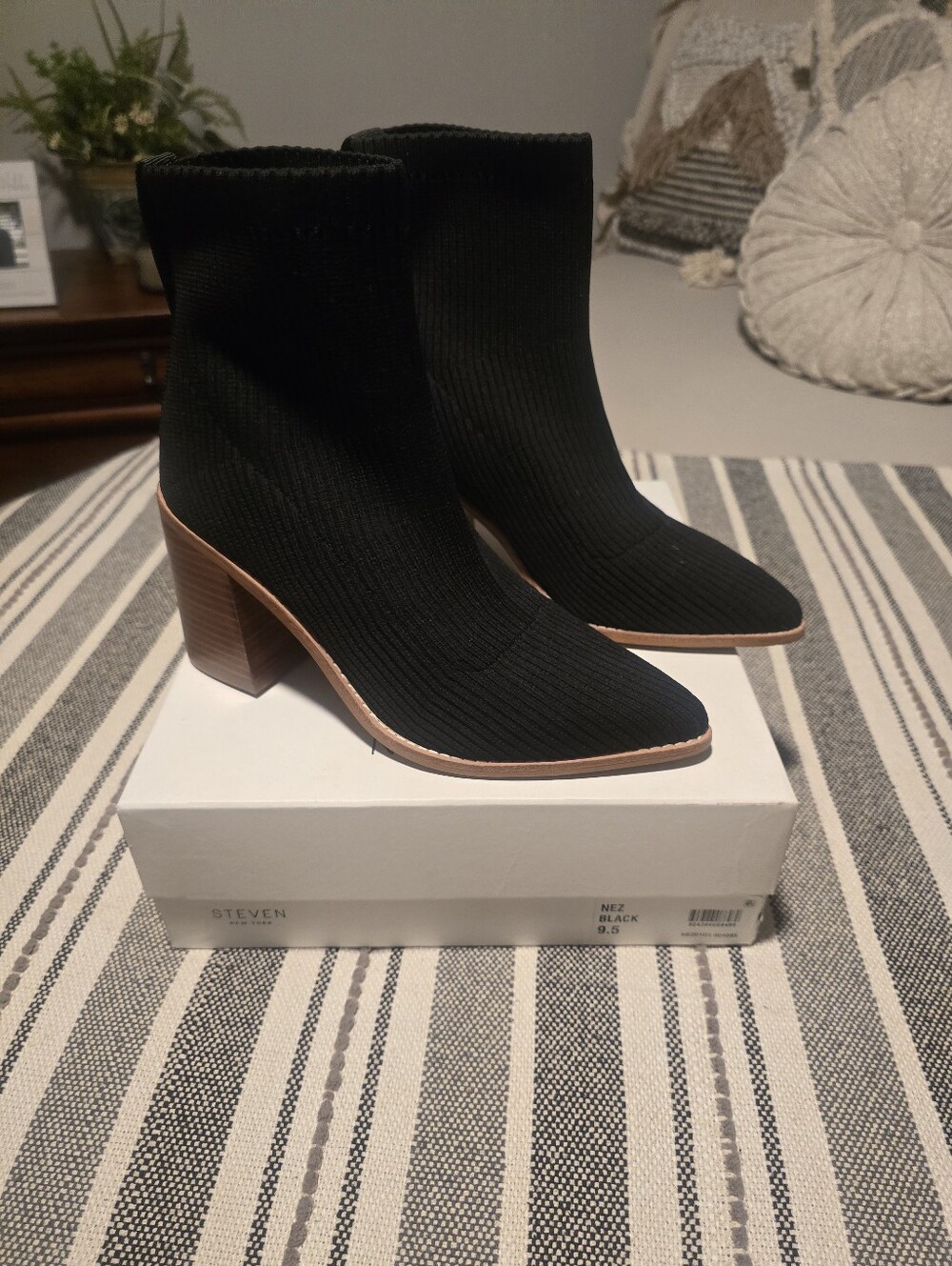 Steven New York  Black Knit Pointed Sock Boot with Brown Block Heel